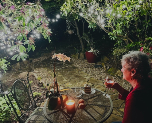 solar fairy lights in an outdoor cafe